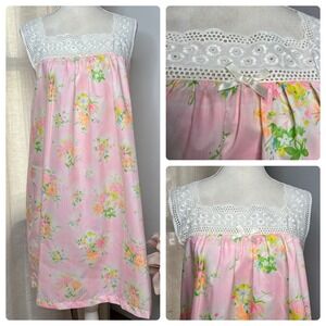 60s Vintage Philmaid Floral Lace Nightgown Pink Babydoll Dress Size 36/38 Medium
